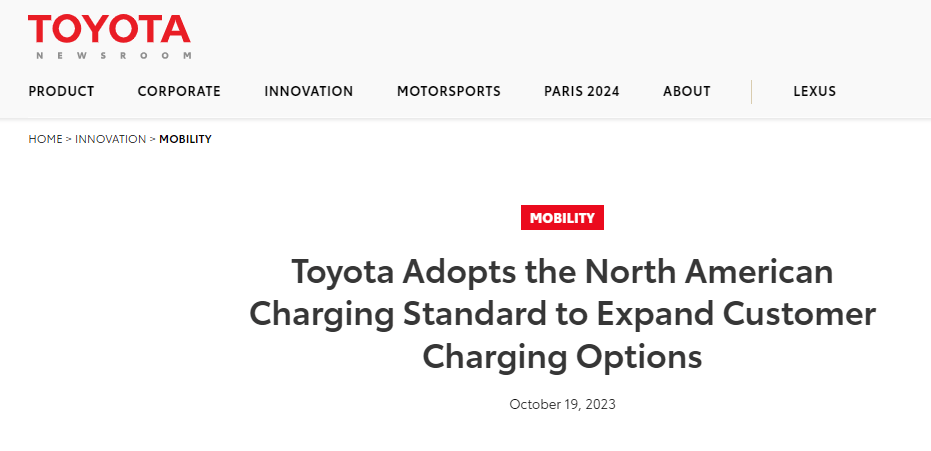 丰田汽车宣布将从 2025 年起采用特斯拉 NACS 充电标准